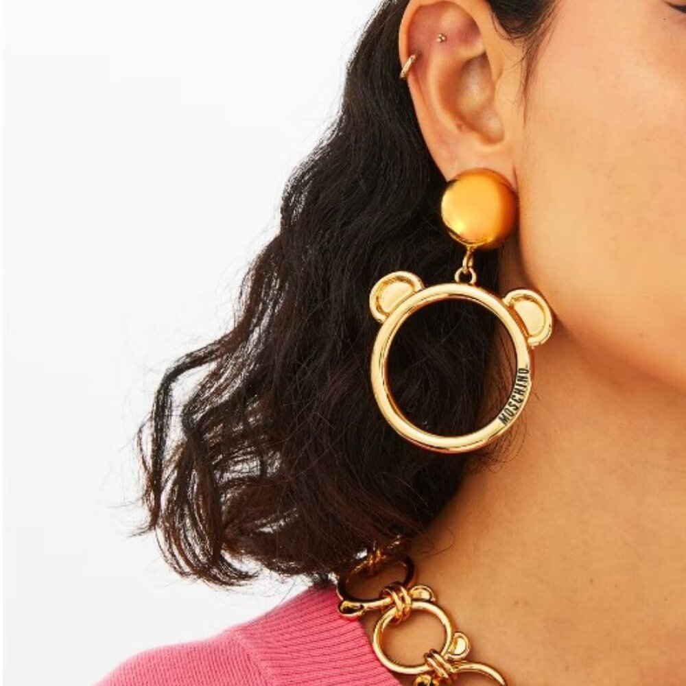 MOSCHINO TEDDY BEAR CLIP ON GOLD PLATED HOOP EARRINGS NWT ONE SIZE NIB